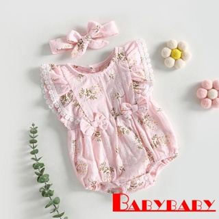 Babybaby- บอดี้สูท คอกลม แขนบิน แต่งขอบลูกไม้ ลายดอกไม้ + ที่คาดผม สําหรับเด็กผู้หญิง