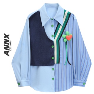 Large size fat mm sweet fake two three-dimensional flower shirts spring asymmetrical square collar long-sleeved spliced striped shirts