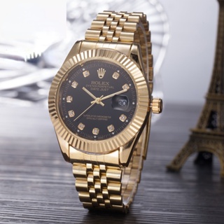 นาฬิกาข้อมือควอตซ์แฟชั่น สายแสตนเลส สีทอง กันน้ํา บอกปฏิทิน สไตล์นักธุรกิจ สําหรับผู้ชาย