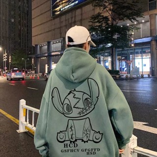 พร้อมส่ง🔥เสื้อฮู้ดแขนยาว🍀เสื้อกันหนาวแขนยาวลําลอง มีฮู้ด พิมพ์ลายการ์ตูน Stitch สีเขียวเข้ม สไตล์สตรีท อเมริกัน แฟชั่นสําหรับผู้ชาย และผู้หญิง