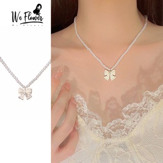 We Flower สร้อยคอโช้กเกอร์ ประดับลูกปัดมุก โบว์น่ารัก เครื่องประดับ สําหรับผู้หญิง