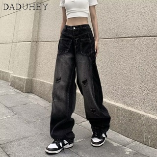 DaDuHey🎈 Women Korean Style Ins High Street Retro Ripped Jeans Niche High Waist Loose Wide Leg Casual Mop Pants