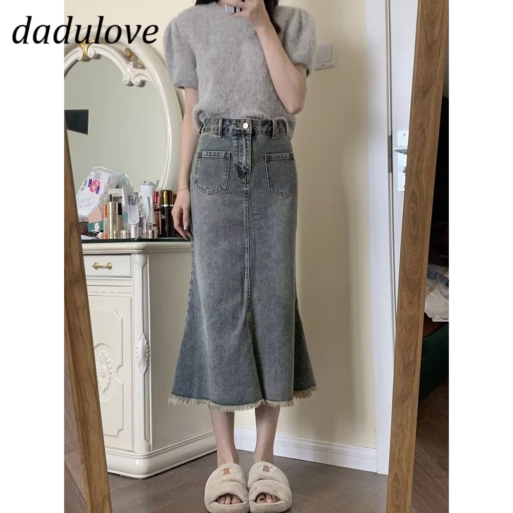 dadulove-new-korean-version-of-ins-retro-washed-denim-skirt-niche-high-waist-a-line-skirt-large-size-bag-hip-skirt