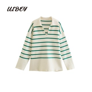 Uibey เสื้อกันหนาว คอโปโล แขนยาว ผ้าถัก ลายทาง ทรงหลวม 2169