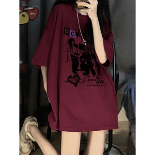 American Retro Wine Red Short -Sleeved T -shirt Female Small Small Small Design New Design Sense Niche Cotton Couple Top