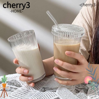 Cherry3 ใหม่ แก้วกาแฟ นม พร้อมฝาปิด และหลอดดูดใส ลายทาง