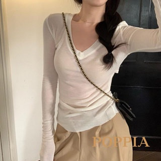 Poppia- เสื้อเบลาส์ คอวีลึก แขนยาว เข้ารูป สีพื้น แฟชั่นฤดูใบไม้ผลิ ฤดูร้อน สําหรับผู้หญิง