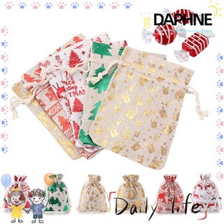 Daphne ถุงของขวัญผ้าฝ้าย ลายกวางเอลก์ สโนว์แมน แบบผูกเชือก สําหรับตกแต่งบ้าน งานแต่งงาน 1 5 ชิ้น