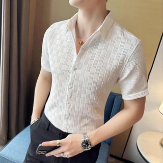 เสื้อเชิ้ตแขนสั้นลําลอง ผ้ายืด เข้ารูป เข้ากับทุกการแต่งกาย สไตล์เกาหลี สําหรับผู้ชาย