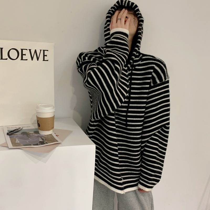 ใหม่-เสื้อคาร์ดิแกนกันหนาว-มีฮู้ด-แต่งซิป-ลายทาง-ทรงหลวม-สไตล์เกาหลี