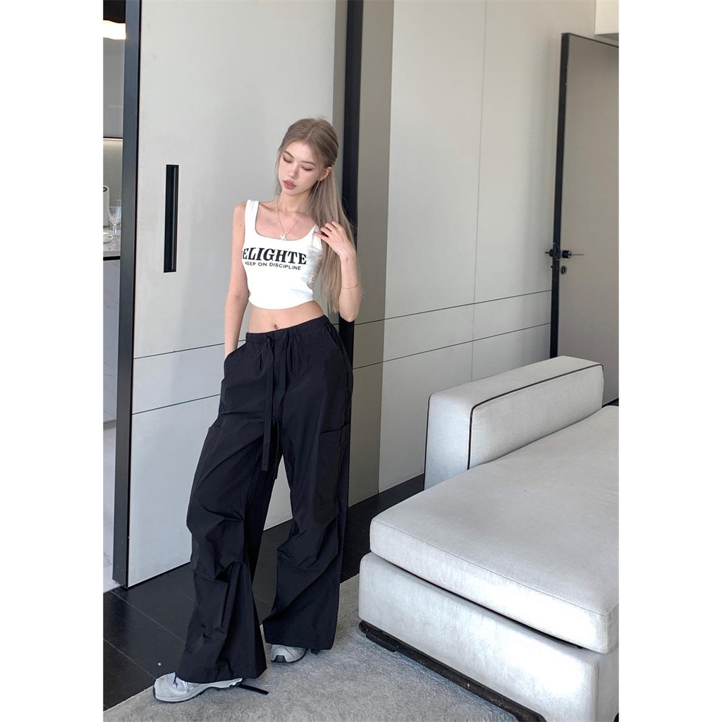 ชุดเสื้อแขนกุด-และกางเกงขายาวลําลอง-พิมพ์ลายตัวอักษร-แฟชั่นฤดูร้อน-สไตล์อเมริกัน-สําหรับสตรี