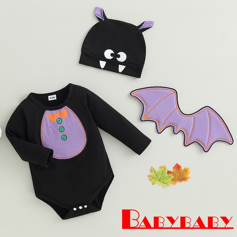 babybaby-ชุดรอมเปอร์-แขนสั้น-พิมพ์ลายฮาโลวีน-หมวกการ์ตูน-ปีกค้างคาว-สําหรับเด็กผู้หญิง-3-ชิ้น