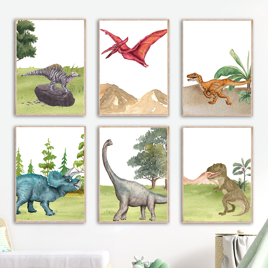 โปสเตอร์ภาพวาดผ้าใบ-รูปไดโนเสาร์จูราสสิก-t-rex-stegosaurus-สําหรับตกแต่งผนังห้องเด็ก