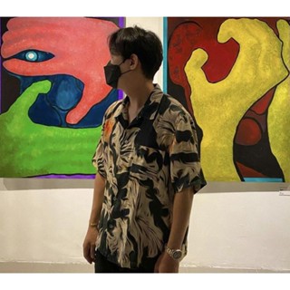 เสื้อเชิ้ตแขนสั้น พิมพ์ลายเปลวไฟ ทรงหลวม แฟชั่นคู่รัก สําหรับผู้ชาย