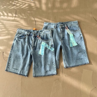 RZEE OFF WHITE high quality arrow made old straight denim shorts tannin washed WHITE mens jeans