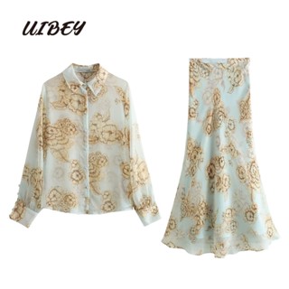  Uibey เสื้อเชิ้ต คอปก พิมพ์ลายดอกไม้ + กระโปรงยาวครึ่งหนึ่ง 9661