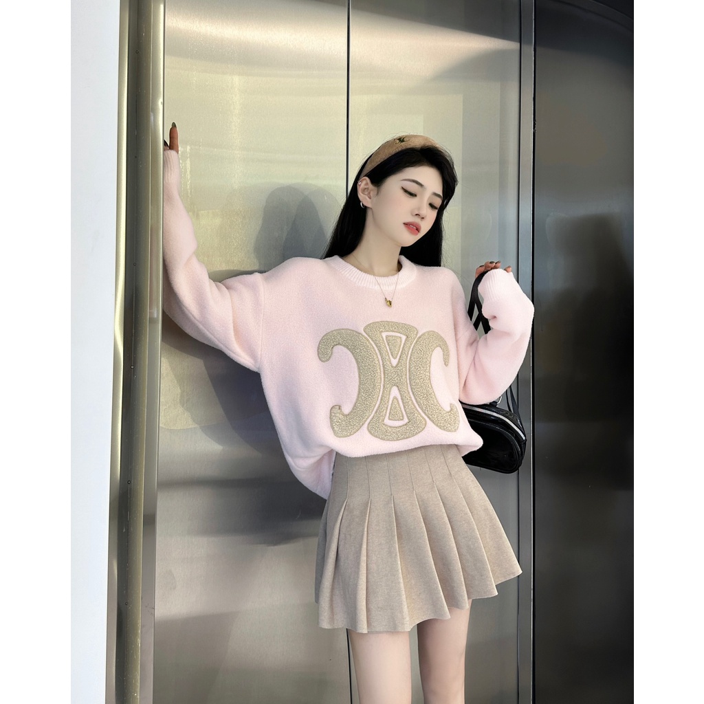24cv-cel-beaute-2023-autumn-and-winter-new-arc-de-triomphe-towel-embroidery-pattern-pink-imitation-mink-long-sleeve-pullover-sweater-womens-sweater