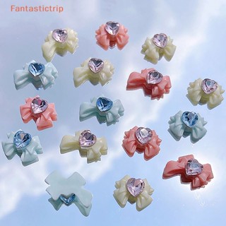 Fantastictrip โบว์เรซิ่น 3D ประดับเพชรเทียม สีชมพู สําหรับตกแต่งเล็บ 10 ชิ้น