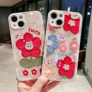 เคสโทรศัพท์มือถือกระจก TPU กันกระแทก ลายภาพวาดสีน้ํามัน รูปกระต่าย ดอกไม้สีแดง สําหรับ Apple IPhone 11 12 13 14 Pro MAX 14 Plus X XS MAX XR