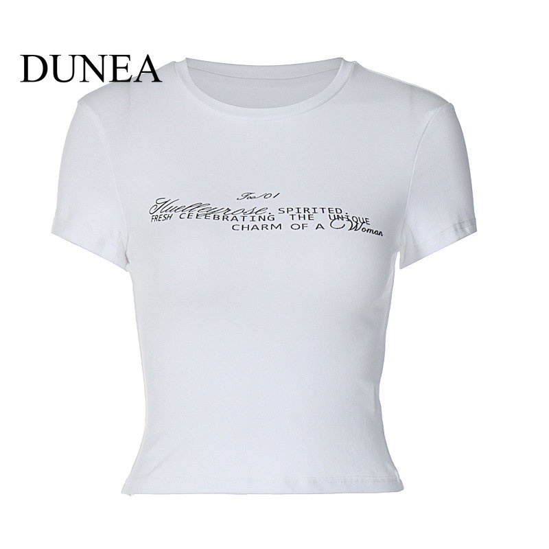 dunea-เสื้อยืด-คอสูง-แขนสั้น-พิมพ์ลายโมโนแกรม-เซ็กซี่-สําหรับผู้หญิง