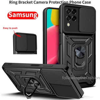 เคสโทรศัพท์มือถือ แบบแม่เหล็ก พร้อมแหวนขาตั้ง ป้องกันเลนส์กล้อง กันกระแทก สําหรับ Samsung Galaxy M53 5G M33 M62 F62 4G