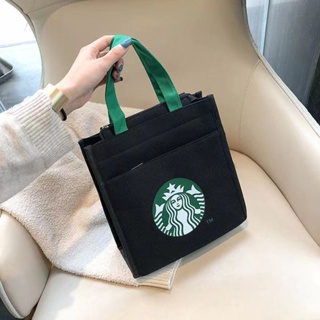 Starbucks กระเป๋าถือ ผ้าแคนวาส ทรงโท้ท ใส่กล่องอาหารกลางวันได้ เข้าได้กับทุกชุด สําหรับนักเรียน