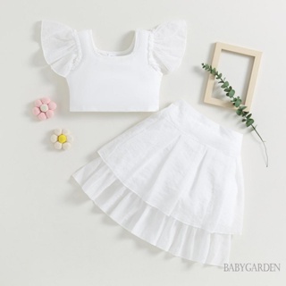 Babygarden-8-12 ปี เด็กผู้หญิง ฤดูร้อน ชุด 2 ชิ้น เสื้อแขนสั้น ลําลอง สีขาว ยางยืด ชุดกระโปรง