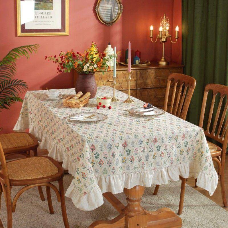 ผ้าปูโต๊ะ-ทรงสี่เหลี่ยมผืนผ้า-ลายดอกไม้-6-คน-สีเขียว-สไตล์ฝรั่งเศสเรโทร