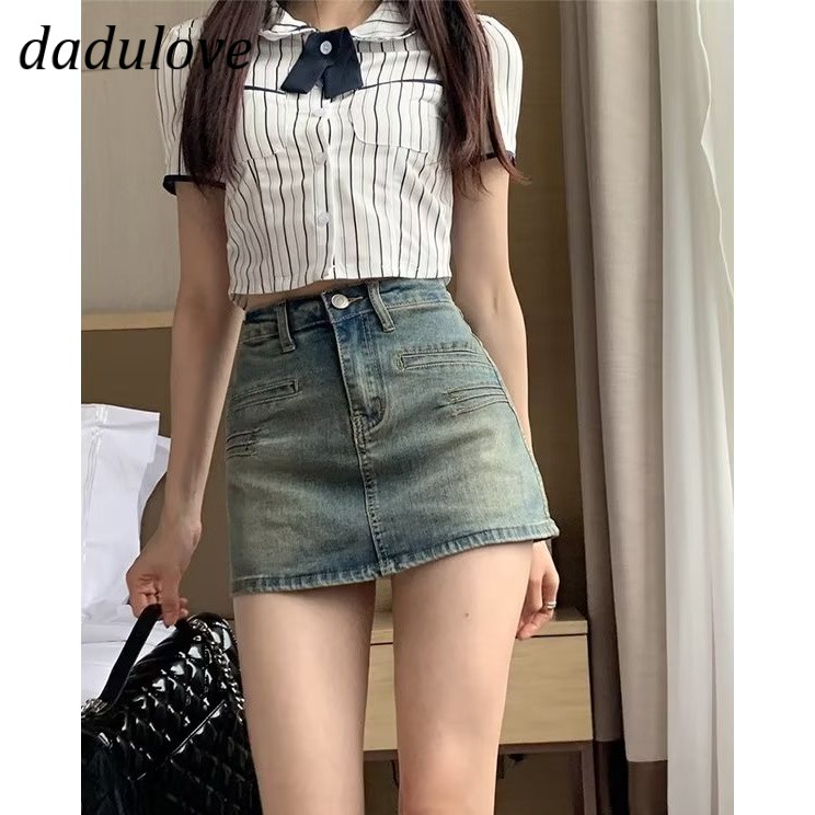 dadulove-new-korean-version-of-ins-retro-washed-denim-skirt-niche-high-waist-a-line-skirt-bag-hip-skirt