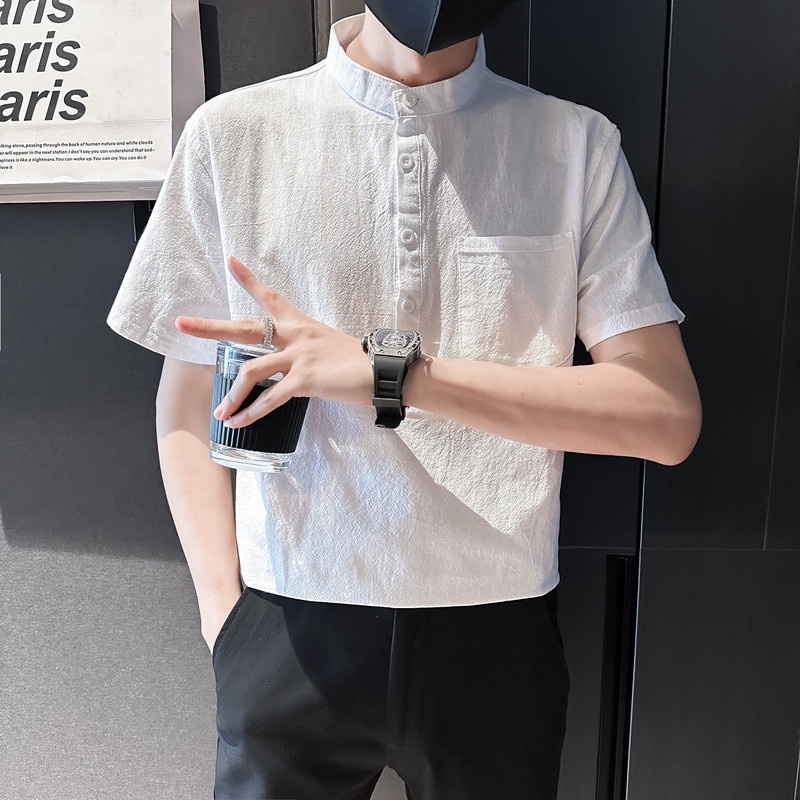 เสื้อเชิ้ตแขนสั้นลําลอง-ผ้าฝ้าย-และผ้าลินิน-คอปกสูง-ทรงหลวม-สีขาว-แบบเรียบง่าย-สําหรับผู้ชาย-slc08