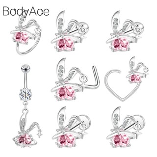 Bodyace จิวเจาะสะดือ จิวจมูก สเตนเลส รูปกระต่าย คริสตัล สีชมพู 1 ชิ้น