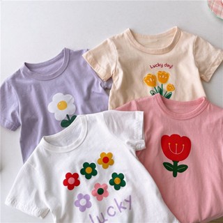 พร้อมส่ง ขายดี เสื้อยืดแขนสั้น คอกลม ผ้าฝ้ายแท้ พิมพ์ลายการ์ตูนดอกไม้ ทรงหลวม สไตล์เกาหลี ญี่ปุ่น สําหรับเด็กผู้หญิง 2023
