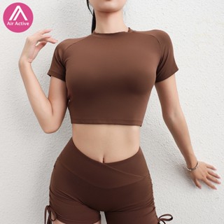 เสื้อครอปท็อปแขนสั้น แบบเข้ารูป ดูดซับความชื้น สําหรับเล่นโยคะ กีฬา