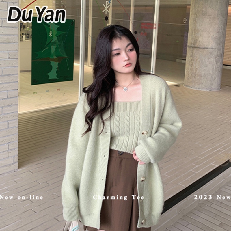 du-yan-lazy-tone-เสื้อคาร์ดิแกน-เปิดไหล่-ผ้าถัก-ขนาดเล็ก-สองชิ้น-สําหรับผู้หญิง