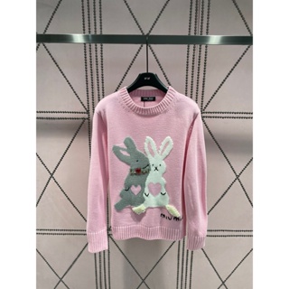 FIPO MIU MIU 2023 autumn and winter New Heavy Industry handmade beaded sweater womens rabbit pattern aging round neck long sleeve sweater