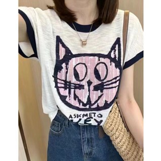 เสื้อท็อป ผ้าเรยอนถัก ลายการ์ตูนแมว เข้ากับทุกการแต่งกาย แฟชั่นฤดูร้อน สไตล์ยุโรป สําหรับผู้หญิง T9MW