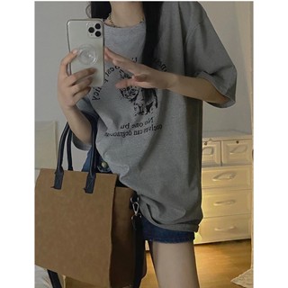 เสื้อยืดคอกลม แขนสั้น พิมพ์ลายตัวอักษร แมว ทรงหลวม สีเทา สไตล์เกาหลี เหมาะกับฤดูร้อน