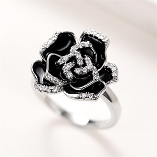 แหวน ประดับเพทาย รูปดอกกุหลาบ สีดํา แฮนด์เมด แบบหรูหรา สไตล์เรโทร สําหรับผู้หญิง