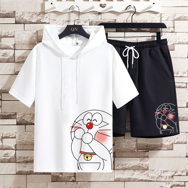 เสื้อยืดแขนสั้น-มีฮู้ด-ทรงหลวม-พิมพ์ลายโดราเอมอน-และกางเกงขาสั้น-แฟชั่นฤดูร้อน-สําหรับผู้ชาย-2023