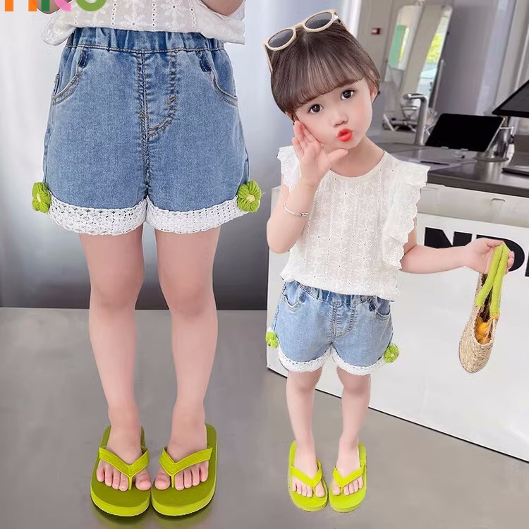 milo-สาวยีนส์ขาสั้นนักเรียนใหม่เกาหลีกางเกงขาสั้นเด็กลูกไม้ลำลองกางเกงขาสั้นเด็ก