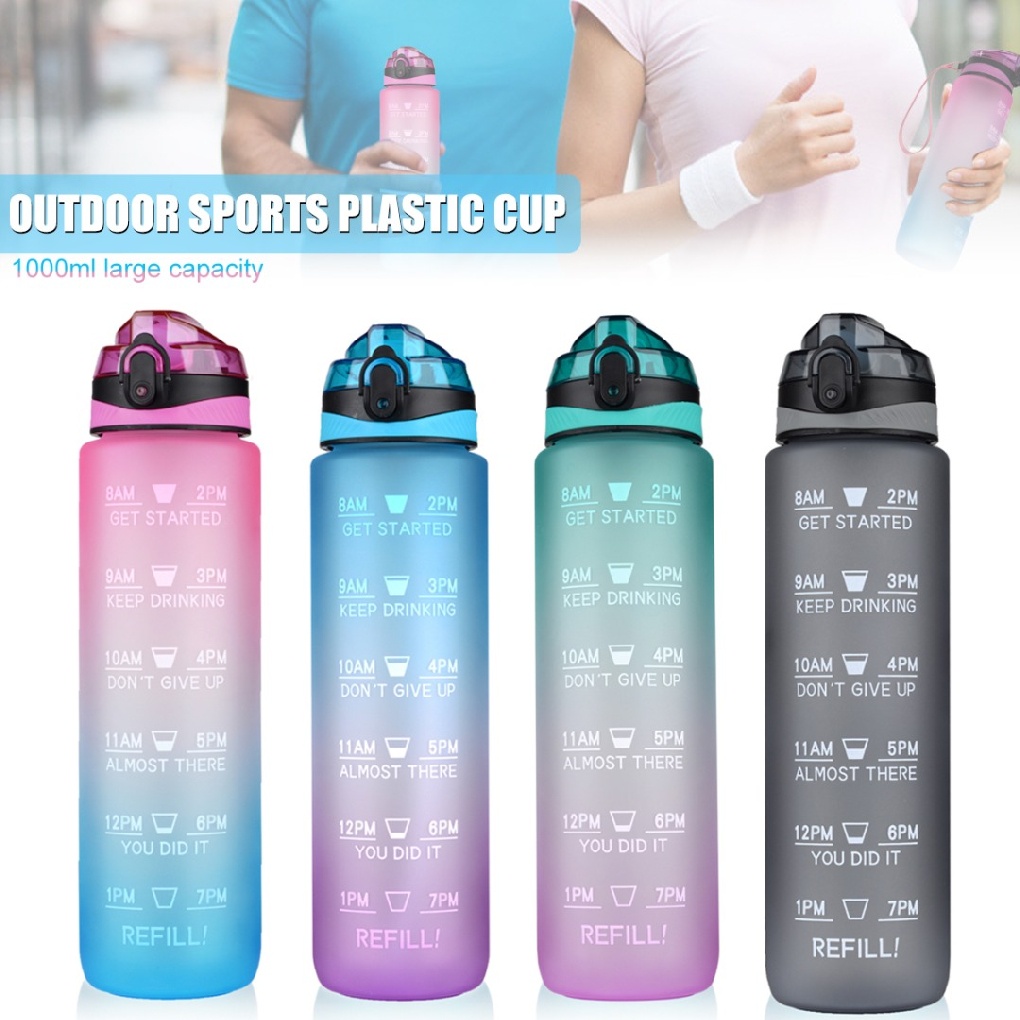 1L Water Bottle Motivational Drink Flask With Time Markings Bpa Free Sport Gym - Blue+Purple