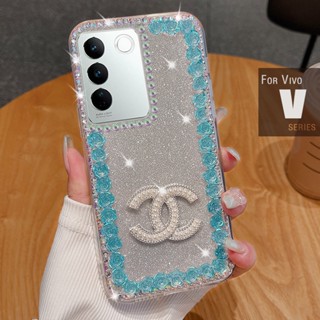 เคส Vivo V29 V27 5G V27E V25 Pro 25e V23 5G V23e V23 Pro V21 5G 4G V20 Pro V20SE โทรศัพท์มือถือ ประดับกลิตเตอร์ พลอยเทียม ลายดอกกุหลาบ 3D ไล่โทนสี หรูหรา สําหรับ
