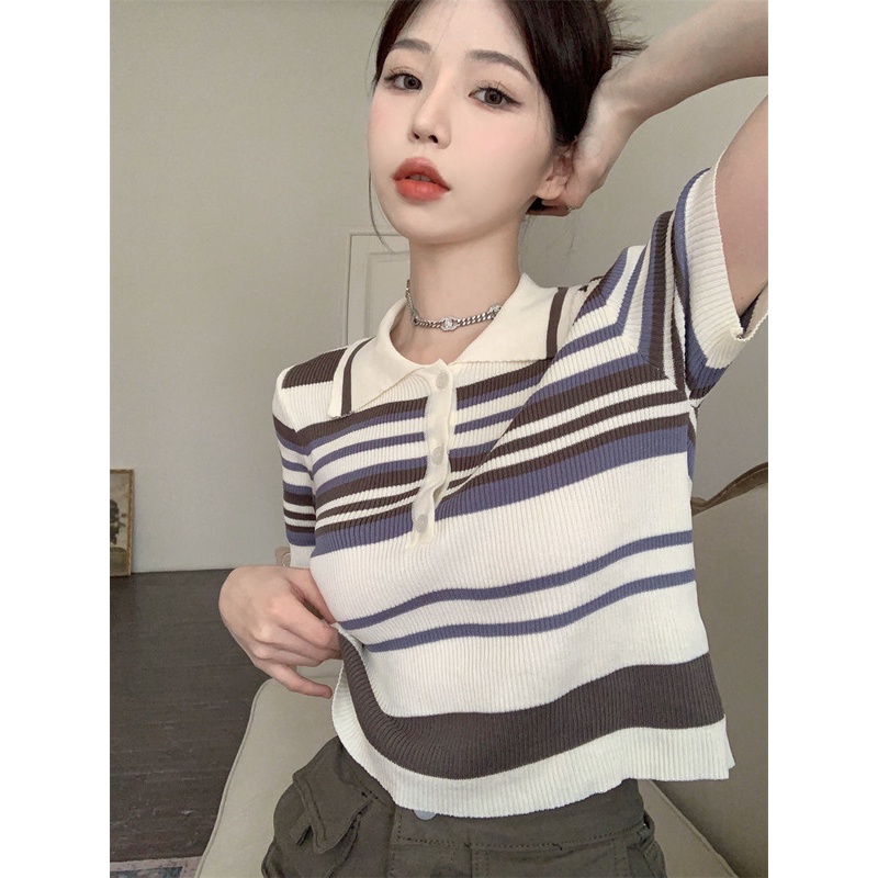 3839-ขายดี-เสื้อกันหนาวโปโล-แขนสั้น-ผ้าเรยอน-ลายทาง-ทรงสลิมฟิต-สุดชิค-สําหรับผู้หญิง-mc-4nuz