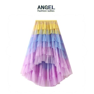 [6 สี] ANGEL กระโปรงยาว เอวสูง ทรงเอ ผ้าตาข่าย จับจีบ สีรุ้ง ขนาดใหญ่ แฟชั่นสไตล์เกาหลี สําหรับผู้หญิง