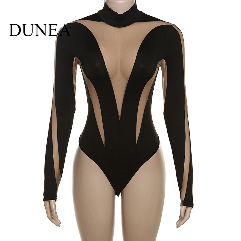 dunea-ชุดบอดี้สูท-แขนยาว-เอวสูง-ผ้าตาข่าย-รัดรูป-เซ็กซี่-สําหรับผู้หญิง