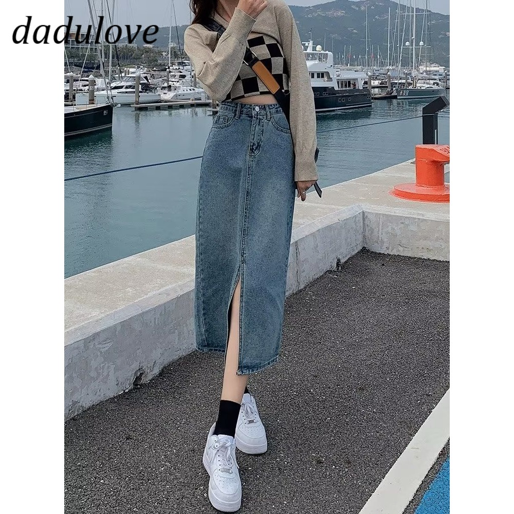 dadulove-new-korean-version-of-ins-retro-slit-denim-skirt-niche-high-waist-a-line-skirt-large-size-bag-hip-skirt