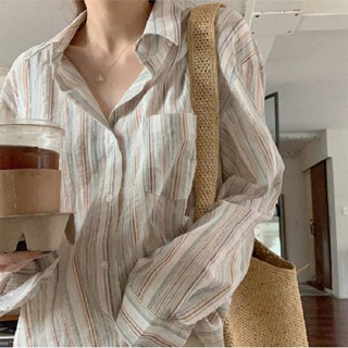 เสื้อเชิ้ต ทรงหลวม ระบายอากาศ ป้องกันแดด แบบบาง ลายทาง สําหรับผู้หญิง