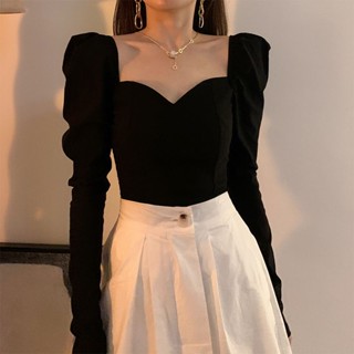 เสื้อแขนยาว คอสี่เหลี่ยม แขนพัฟ สไตล์เรโทร แฟชั่นฤดูใบไม้ร่วง สําหรับผู้หญิง