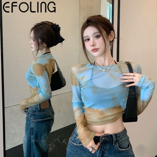 Efolong เสื้อยืดแขนยาว ป้องกันแดด เข้ารูป สีมัดย้อม สําหรับผู้หญิง 2023