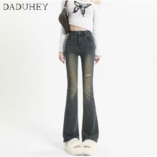 DaDuHey🎈 2023 New Korean Style Retro Washed Women Denim Ripped Pants High Waist Slim Fit Micro Flared Trousers Bootcut Pants